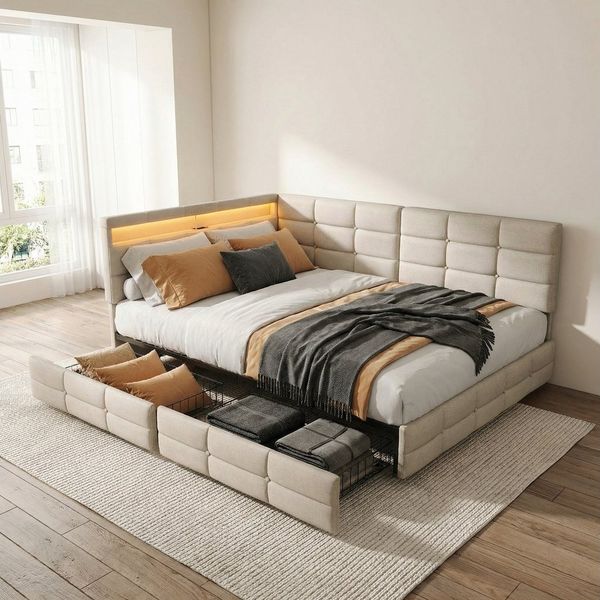 PXloue Polsterbett Daybett Tagesbett (Doppelbett,Kopfteil links oder rechts montierbar), Schlafsofa,2 Schubladen, Mit LED und USB-Ladeanschluss,140x200 cm