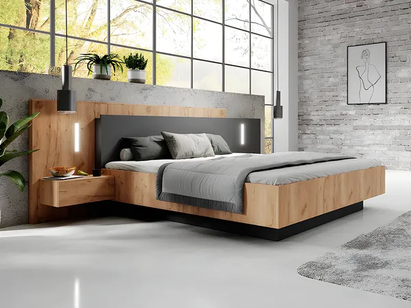 Vente-unique - FRANCOLI Bett Holz, Platte GrauBeige - B 208,2 cm x H 102 cm x L 244,4 cm