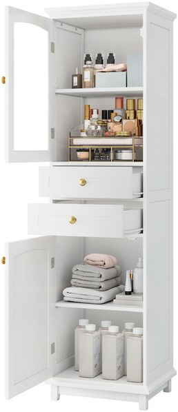 Flieks Badezimmer-Hochschrank 160 cm, Badschrank mit Glastür, 2 Schubladen, offenen Fächern und verstellbarem Einlegeboden, weiß