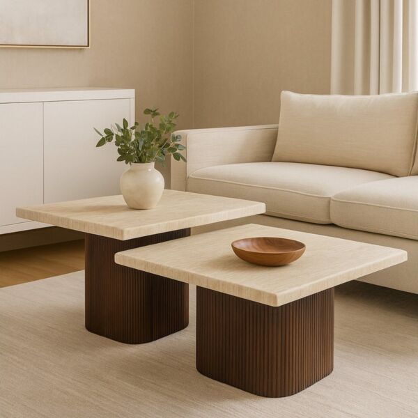 alesvelt Couchtisch Set Alviano Travertin Tischplatten mit edlem Sockel im Säulenstil 90cm (2-er Set), 90X90X38 CM + 70X70X45 CM