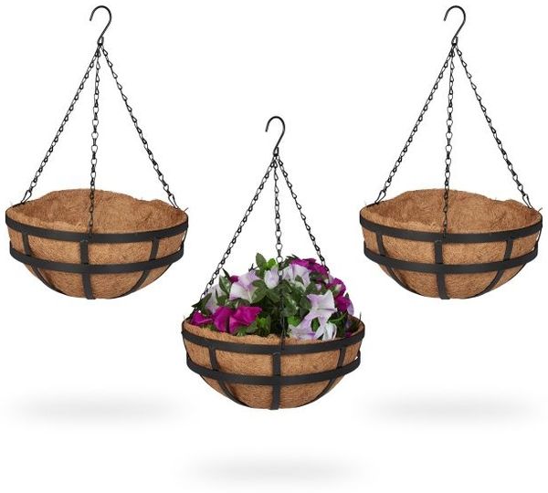 Relaxdays Blumenampel 3er Set mit Kokoseinlage