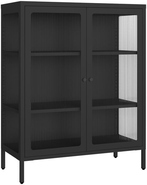 skølm 'Norns' Kommode, Metall mit Glas-Front, schwarz, 100x38x80 cm, Metallschrank mit geriffelten Glastüren, Vitrinenschrank mit 3 Fächern