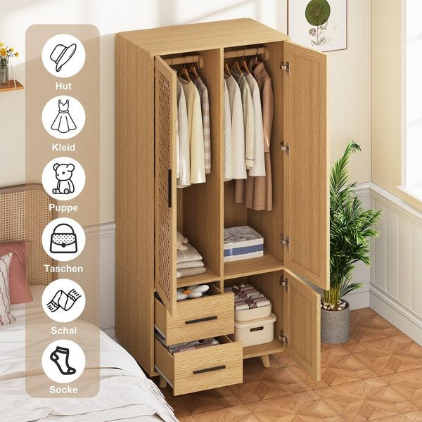 FUROKOY Kleiderschrank Drehtürenschrank mit 3 Schranktüren aus Rattan Garderobenschrank mit 2 Kleiderstangen,2 Schubladen