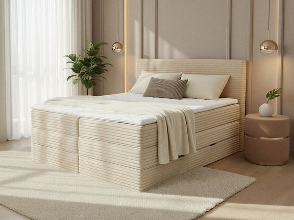 Boxspringbett Mollo XL mit 2 Bettkästen und Topper, mit Taschenfederkern- und Bonellfederkernmatratze, Doppelbett, Polsterbett aus Cordstoff mit Stauraum (Beige (Tilia 03), 140 x 200 cm)