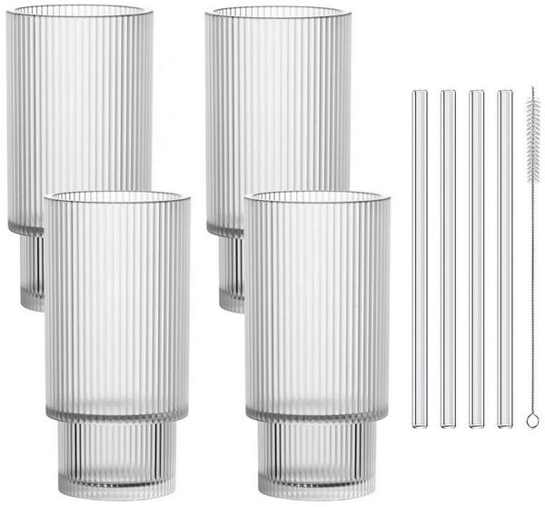 mixed24 Gläser-Set 4er Set Geriffelte Gläser 320ml inkl. Glashalm, ideal für Iced Matcha Latte, Latte Macchiato, Cocktails, Smoothies