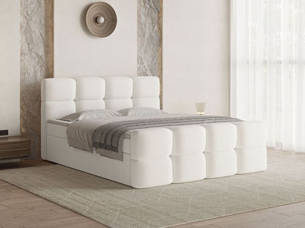 GRAINGOLD Rivon Doppelbett 160x200, Boxspringbett, zwei Bettkästen, mit Kopfteil, Modern Stil, Bouclé-Stoff, Creme