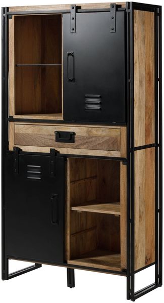 Wohnzimmerschrank Mango 105x45x195 natur klar lackiert / Metall schwarz BLACKBURN #105