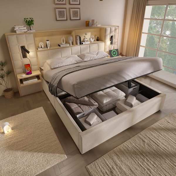 Novelux Polsterbett 160x200 mit Stauraum & LED – Leinen Beige, inkl, Lattenrost, 2 Nachttische, Leselampen & USB-C Ladeport, Systembett für Schlafzimmer