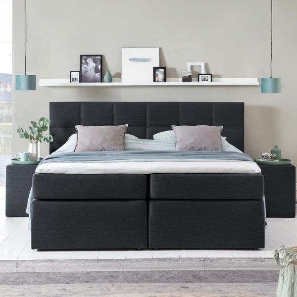 Möbelfreude Doluna Bea Boxspringbett 200x220 cm H2/H3 in Schwarz inkl. Visco Topper mit Memoryeffekt + 7 Zonen Taschenfederkern-Matratze + Bonell-Federkernpolsterung