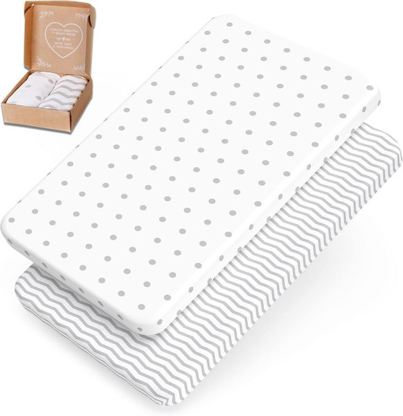 mimaDu® Premium Spannbettlaken Kinderwagen, Stubenwagen Bezug, Spannbettlaken passend für Chicco Next2me Spannbettlaken Beistellbett 50x83, 90x40, 90x45 cm, 100% OEKOTEX Baumwolle (Punkte Zickzack)