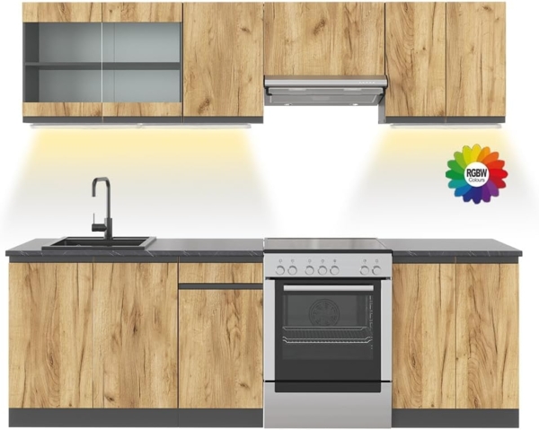 Küchenzeile Raul Goldkraft Eiche/Anthrazit 240 cm J-Shape, ohne Arbeitsplatte mit LED-Leisten Vicco