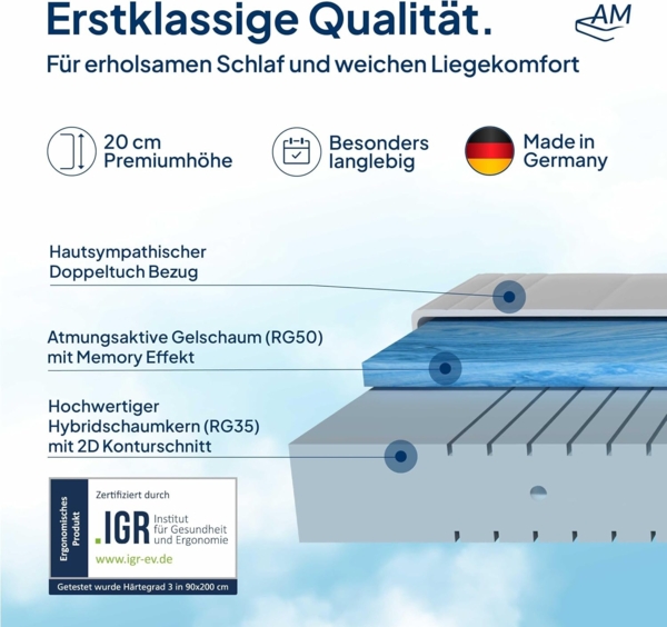 AM Qualitätsmatratzen Kaltschaummatratze mit 4 cm Gelschaum-Auflage, H3, Höhe 20 cm, 100x200 cm Bild 3