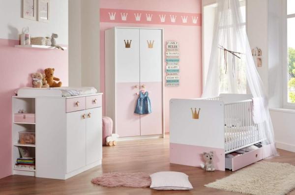 Babyzimmer Cindy 7 teilig in Weiß und Rosé mit Kleiderschrank, Kinderbett Babybett mit Lattenrost, Umbauseiten und Bettschubkasten, Wickelkommode mit Seitenregal, Wandboard - Kinderzimmer komplett Set von Wimex - MD110852