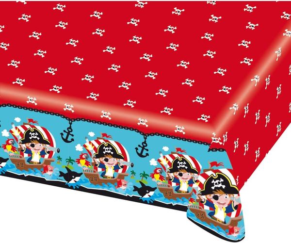 Amscan 9902123 - Tischdecke Pirat, 1 Stück, Größe 120 x 180 cm, Kunststoff, wasserabweisend, Seeräuber, Anker, Totenköpfe, Schiffe, Kinderparty, Mottoparty, Geburtstag, Rot