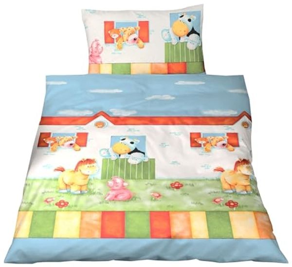 JACK Babybettwäsche 100x135cm Hoftiere Bauernhof Bunt mit RV, Biber, 2 teilig, süßes Kindermotiv mit Bauernhoftieren