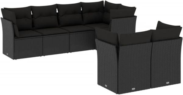 vidaXL 7-tlg. Garten-Sofagarnitur mit Kissen Schwarz Poly Rattan 3217895