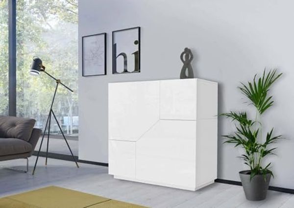 Dmora - Kommode Domenico, Küchen-Sideboard mit 2 geometrischen Türen, Wohnzimmer-Buffet, Küchen-Sideboard, 100 % Made in Italy, 79 x 43 x 86 cm, glänzendes Weiß