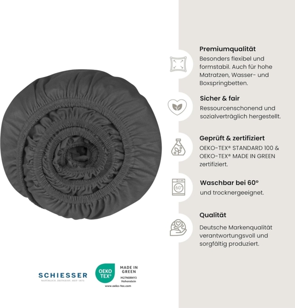 Schiesser 'Flexi' Spannbettlaken mit Gummizug, Jersey / Elasthan, Anthrazit, 180x200 cm Bild 2