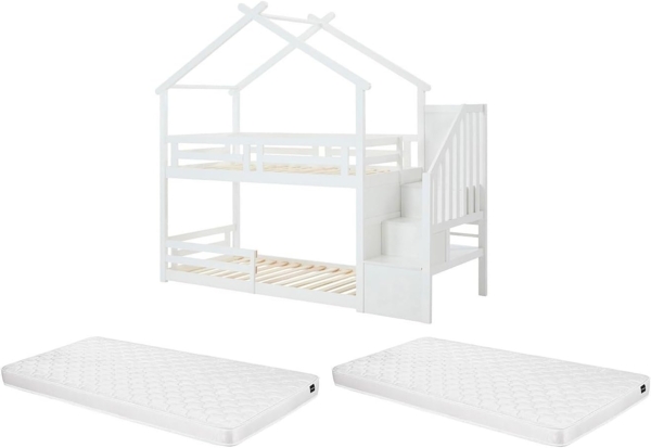 Vente-unique - Hochbett Hausbett - 90 x 190 cm - Kiefer & MDF + Matratze - Weiß - TALETY