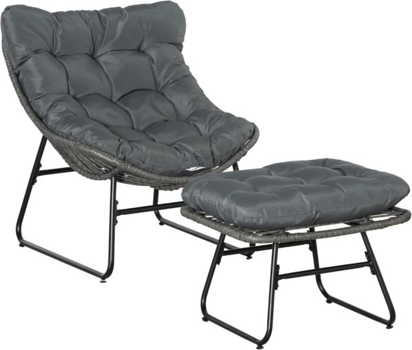 Outsunny Sitzgruppe Rattanstuhl mit Kissen, (Gartensessel, 2-tlg, Rattan Relaxsessel), Stahl Polyester Grau 69 x 76 x 70 cm