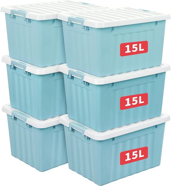 Cetomo 15L*6 Aufbewahrungsboxen mit Deckeln, Kunststoff-Aufbewahrungsbox mit Clips, Kunststoffbox, Ordnungsboxen für Zuhause und Büro, BPA-frei, Nestbar, Stapelbar, Blau, 15L-6er Pack