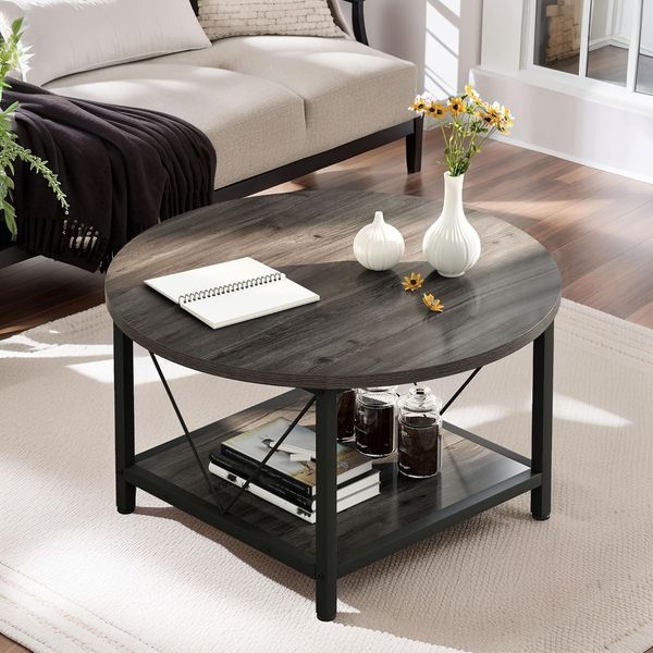 DWVO Couchtisch Rund, 2-Tier Kaffeetisch mit offenem Aufbewahrungsregal, rustikaler Holz Couchtisch mit Metallrahmen, Einfache Montage, Grau