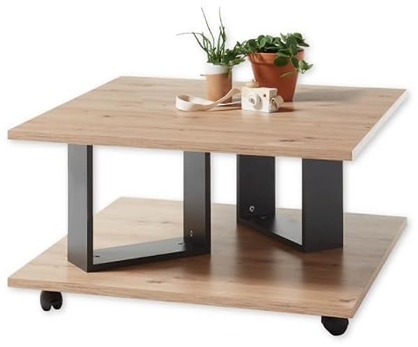 Stella Trading ZERA Couchtisch auf Rollen in Artisan Eiche Optik, Anthrazit - Mobiler Sofatisch für Ihr Wohnzimmer - 80 x 40 x 80 cm (B/H/T)
