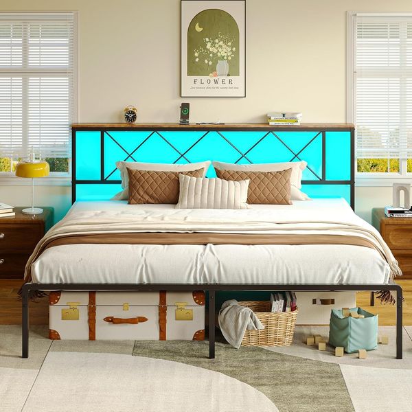 IRONCK Bett 180x200 mit LED Beleuchtung, Bettgestell 180x200 mit Steckdose, 1 USB, 1 Typ-C-Anschlüsse, Metallbett mit Kopfteil und Stauraum, Jugendbett, Doppelbett mit Metal Lattenrost