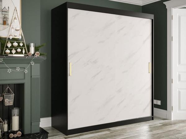 Kleiderschrank Kamoga T 180 (Schwarz / Marmor Weiß + Gold, mit Schubladen) Bild 2