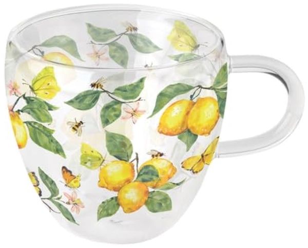 Ambiente Luxury Paper Products Tasse, Glas, Tasse 10cm Glas doppelwandig 0,2L mit Zitronen & Schmetterling Motiv