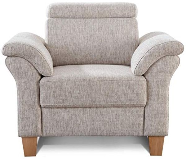 Cavadore Sessel Ammerland inkl. Federkern und Kopfteilverstellung / Großer Polstersessel im Landhausstil / Passend zur Sofagarnitur Ammerland / 101 x 84 x 93 / Strukturstoff natur
