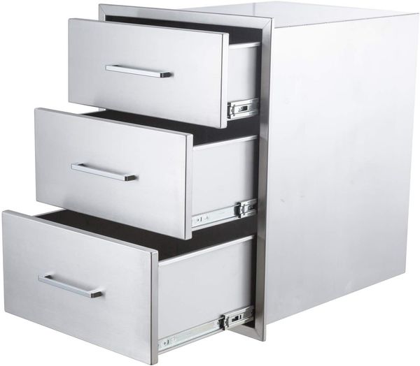 GarveeHome Gastro Küchenschrank Edelstahl mit Schubladen, Schubladenschrank 46 x 45 x 61 cm mit 3 Schubladen, Grillinsel-Schubladen für Außenküchen mit Arbeitsfläche