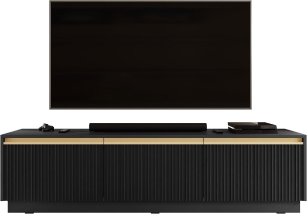 TV-Lowboard Rumbed 180 mit 3 Drehtüren (Farbe: Schwarz / Schwarz + Gold Anoda)