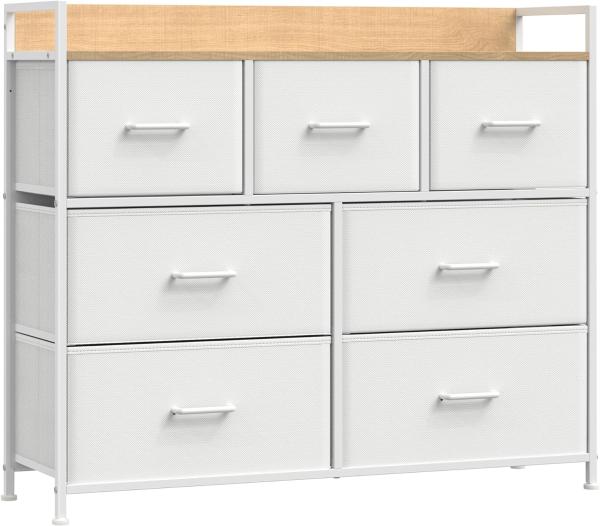 Songmics Kommode, Schrank, 7 Stoffschubladen mit Griffen, Metallgestell, Industrie-Design, wolkenweiß-eichenbeige