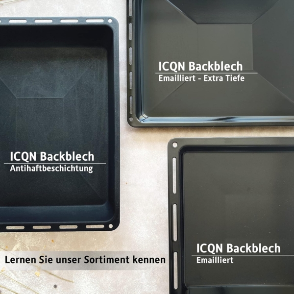 ICQN Backblech 455 x 375 mm Set, 30 und 60 mm Extra Tiefe mit Gitter, Emailliert, (Set, 3-St, 455x30 und 455x60 mm set mit Backofenrost), Passend für Bosch, Siemens, Neff, Constructa, Flavel, Fettpfanne Bild 7