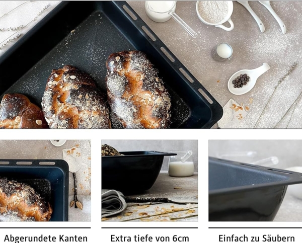 ICQN Backblech 455 x 375 mm Set, 30 und 60 mm Extra Tiefe mit Gitter, Emailliert, (Set, 3-St, 455x30 und 455x60 mm set mit Backofenrost), Passend für Bosch, Siemens, Neff, Constructa, Flavel, Fettpfanne Bild 4