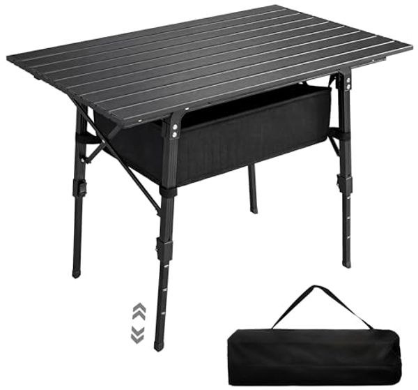 Outsunny Campingtisch Klappbarer, höhenverstellbarer, tragbarer Tisch (leichter Picknicktisch aus Aluminiumlegierung, 1-St, mit Aufbewahrungskorb und Tragetasche), für Gartenpartys im Freien, Grillen