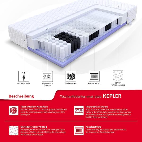 Matratze 80x200 cm Taschenfederkern 7 Zonen H3 H4 KEPLER Höhe 20 cm Jersey Bezug Bild 4