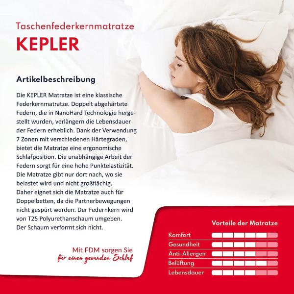 Matratze 80x200 cm Taschenfederkern 7 Zonen H3 H4 KEPLER Höhe 20 cm Jersey Bezug Bild 3