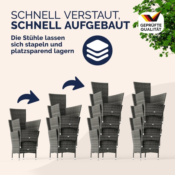 Casaria Garten-Essgruppe, (9-tlg), Polyrattan 8 Stühle Stapelbar 190x90cm Gartentisch Glas Wetterfest Bild 5