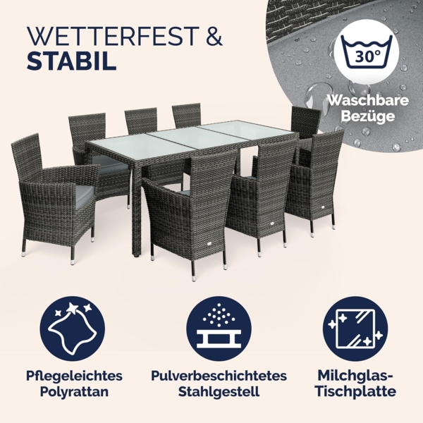 Casaria Garten-Essgruppe, (9-tlg), Polyrattan 8 Stühle Stapelbar 190x90cm Gartentisch Glas Wetterfest Bild 3