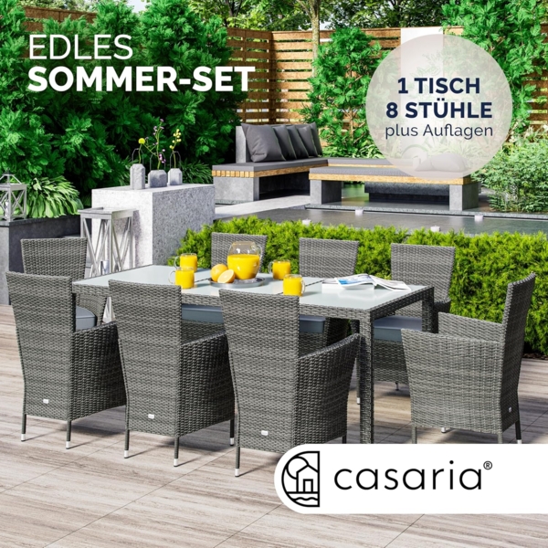 Casaria Garten-Essgruppe, (9-tlg), Polyrattan 8 Stühle Stapelbar 190x90cm Gartentisch Glas Wetterfest Bild 2
