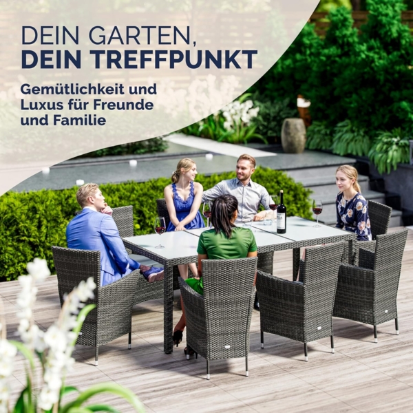 Casaria Garten-Essgruppe, (9-tlg), Polyrattan 8 Stühle Stapelbar 190x90cm Gartentisch Glas Wetterfest Bild 8