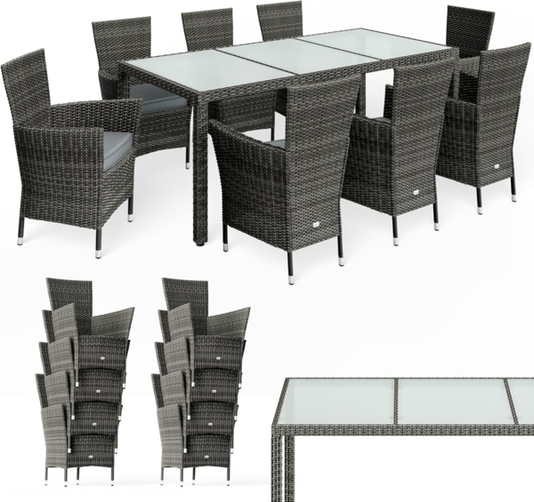 Casaria Garten-Essgruppe, (9-tlg), Polyrattan 8 Stühle Stapelbar 190x90cm Gartentisch Glas Wetterfest Bild 9