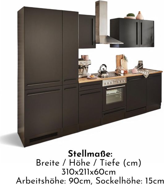 Jazz 8 Moderne Küchenzeile ohne Elektrogeräte in Schwarz matt, Lanzelot Eiche Optik - Geräumige Einbauküche mit viel Stauraum - 310 x 211 x 60 cm (B/H/T) Bild 5