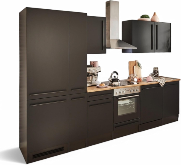 Jazz 8 Moderne Küchenzeile ohne Elektrogeräte in Schwarz matt, Lanzelot Eiche Optik - Geräumige Einbauküche mit viel Stauraum - 310 x 211 x 60 cm (B/H/T)