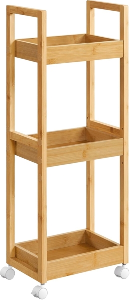 SONGMICS Badezimmerregal mit 3 Ebenen und Rollen, Bambus naturbeige, 30 x 20 x 80 cm