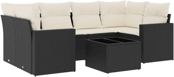 vidaXL 7-tlg. Garten-Sofagarnitur mit Kissen Schwarz Poly Rattan 3251053