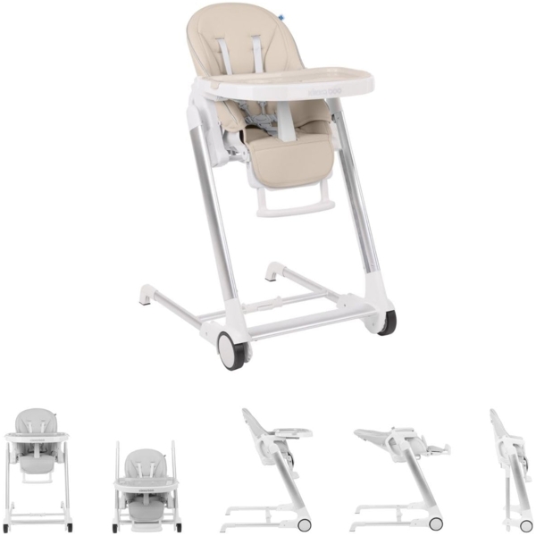 Kikkaboo Kinderhochstuhl Maple verstellbar, Räder, Doppeltablett, Gurt, klappbar beige