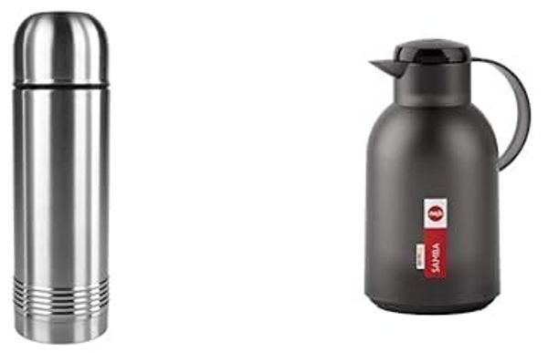 Emsa 618101600 Senator Isolierflasche, Thermosflasche, 1000ml, edelstahl & N40119 Samba Isolierkanne |1,5 Liter | Quick Press Verschluss | 12h heiß und 24h kalt | Transluzent Schwarz